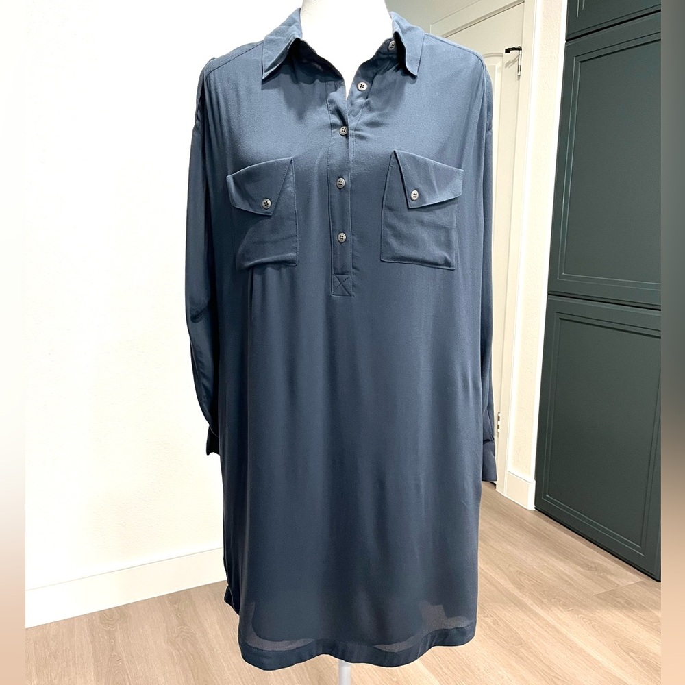 New Navy Matty Willow Clay Button Down Long Roll-up Sleeve Dress